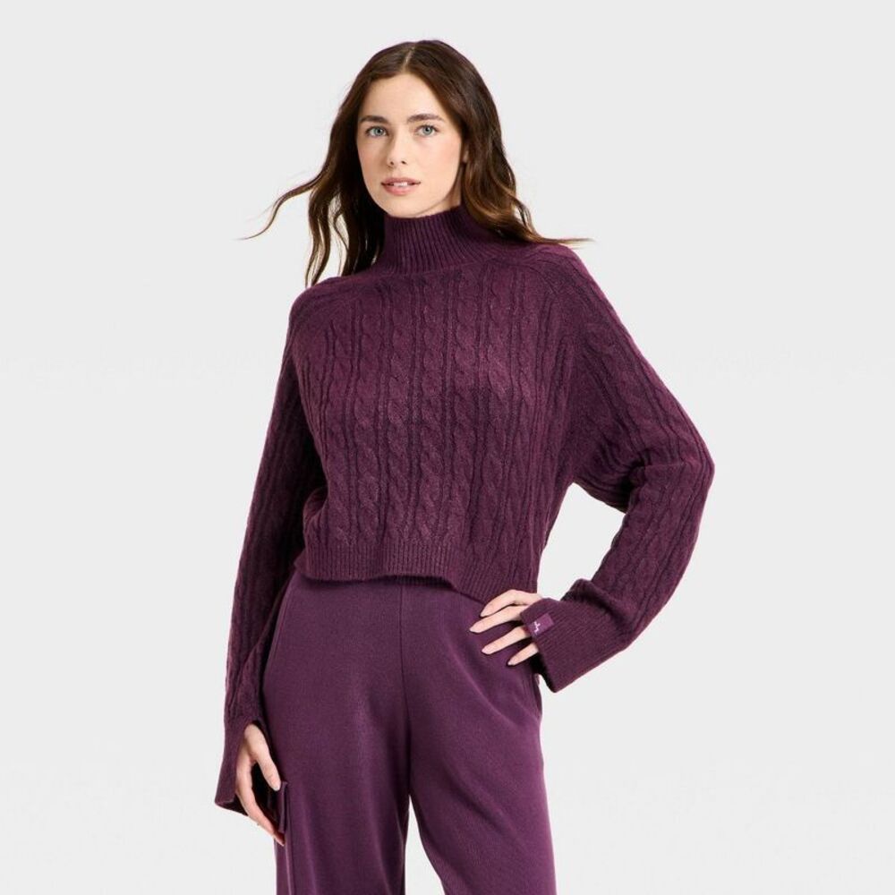 Open Box - JoyLab - Women's Mock Neck Cable Knit Sweater - JoyLab Plum Purple